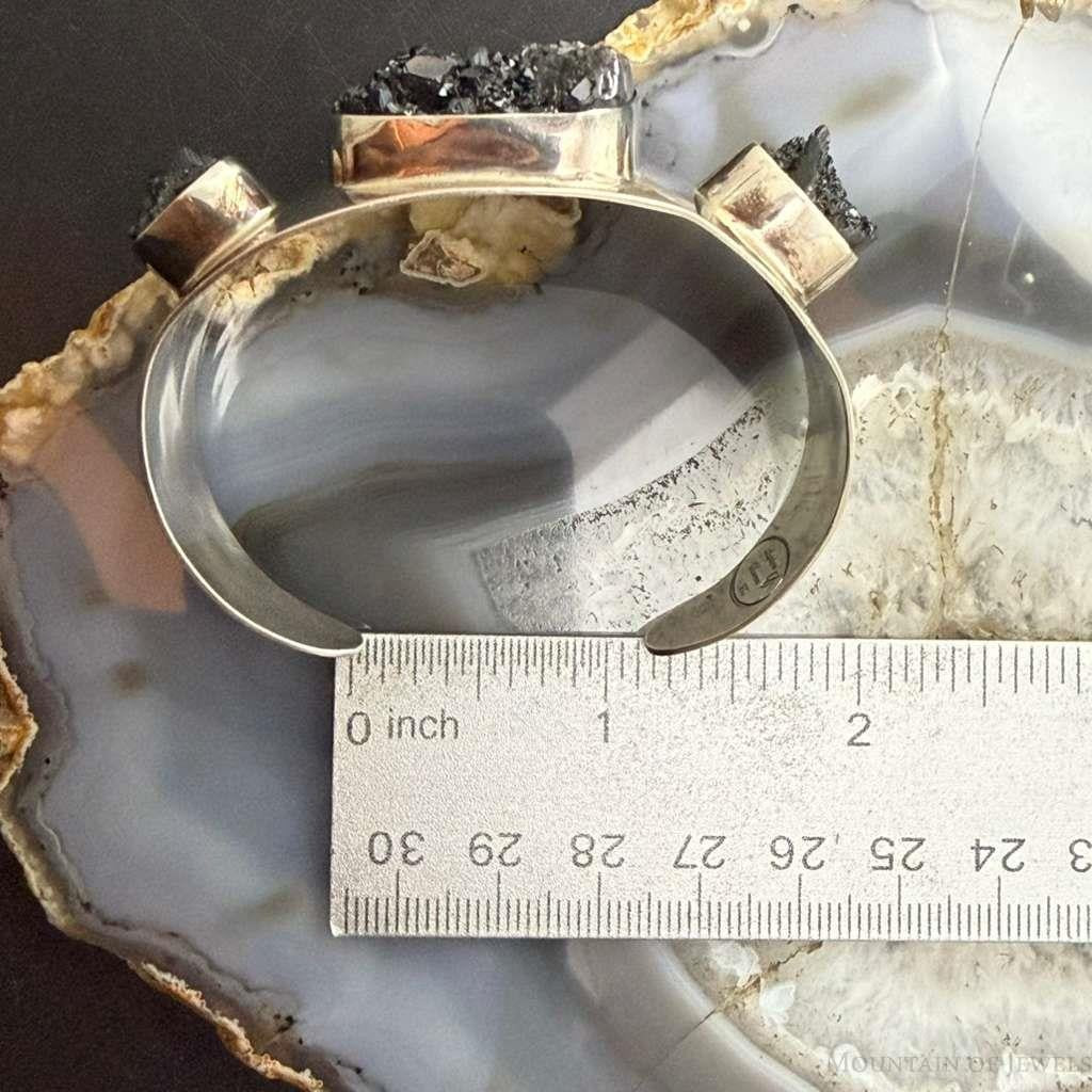 Vintage Lapidaria Barrera Mexico Silver 950 Black Druzy Quartz Cuff For Women