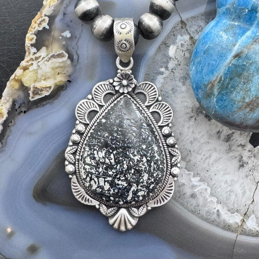 Sterling Silver Southwestern Style Teardrop Petrified Wood Decorated Pendant For Women