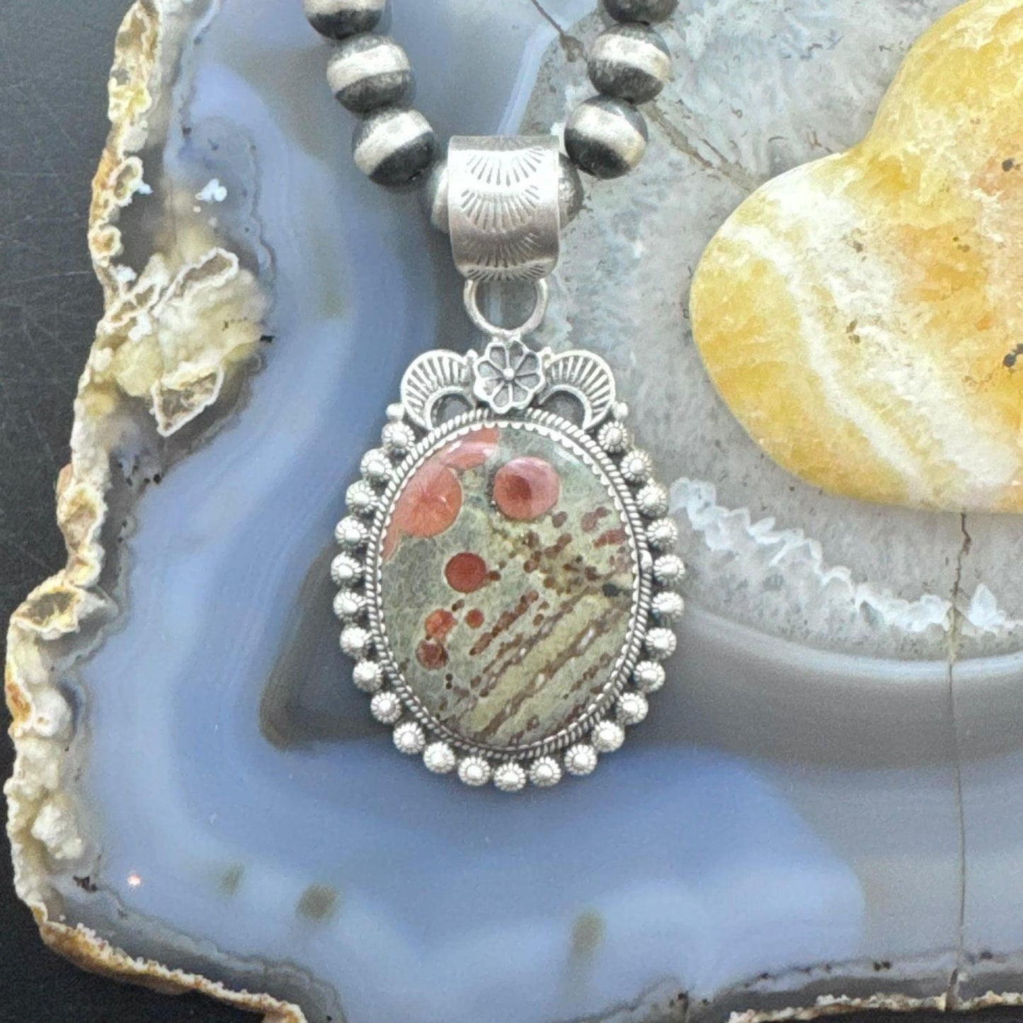 Sterling Silver Southwestern Style Oval Peanut Obsidian Decorated Pendant For Women