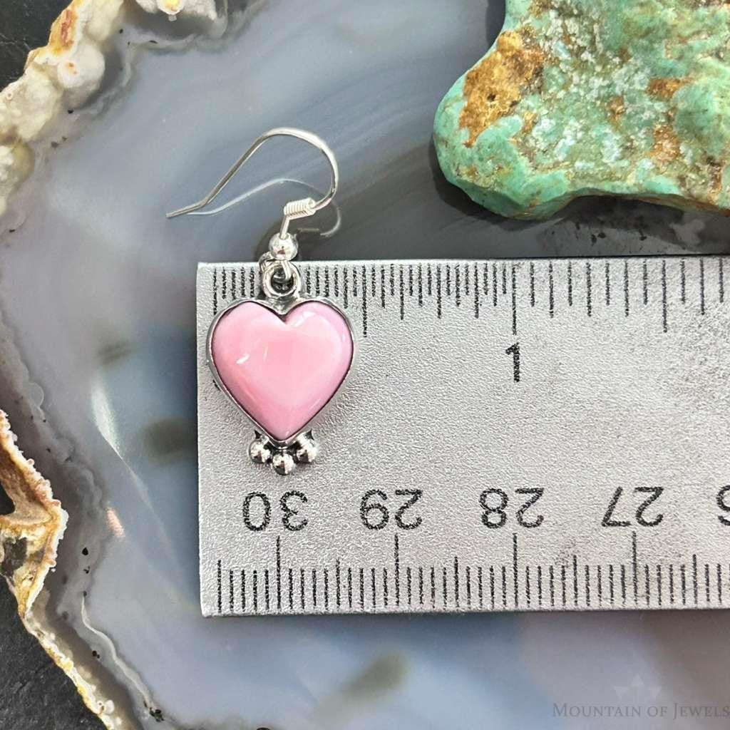 Native American Sterling Silver Pink Conch Decorated Heart Dangle Earrings For Women