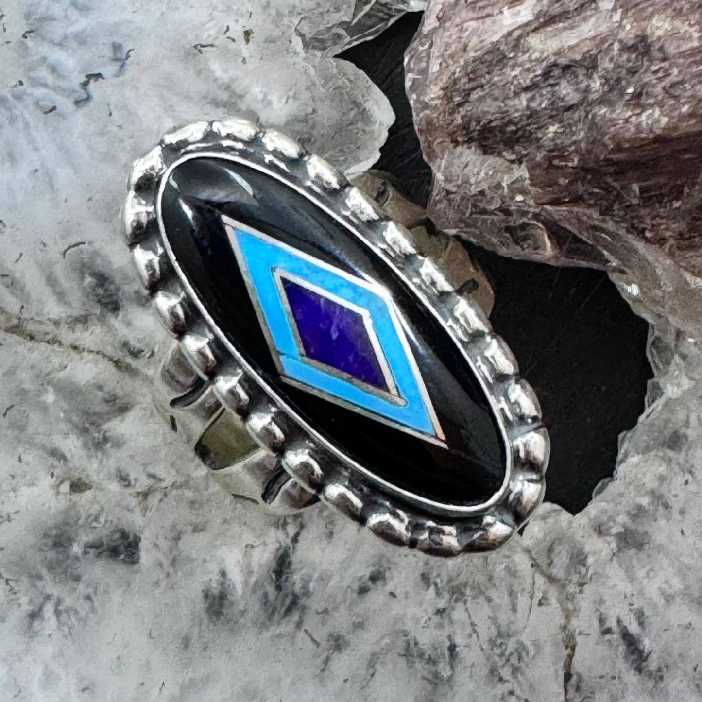 Carolyn Pollack Sterling Silver Onyx, Turquoise & Lapis Inlay Ring Size 6.25 For Women