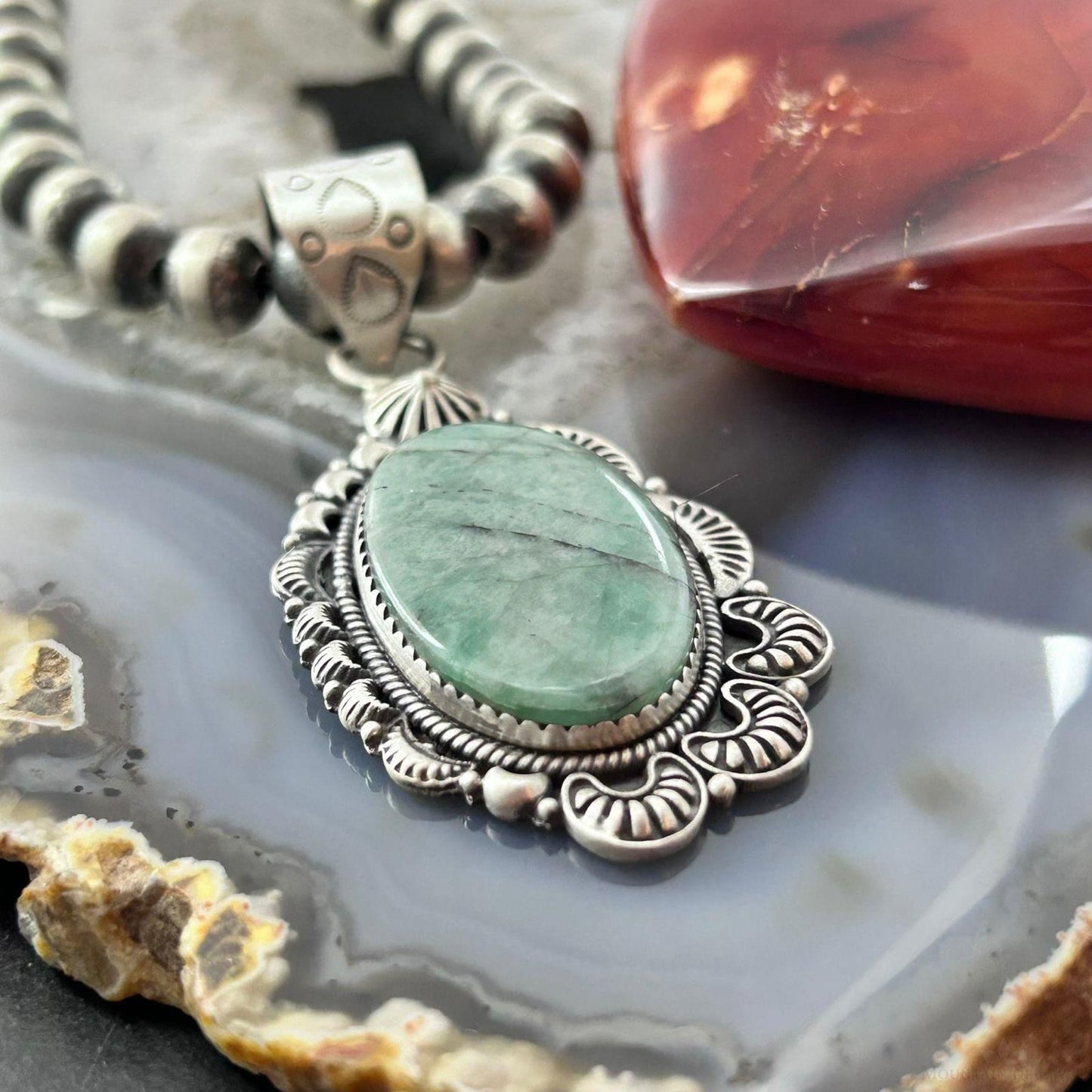 Sterling Silver Southwestern Style Oval Emerald Decorated Pendant For Women