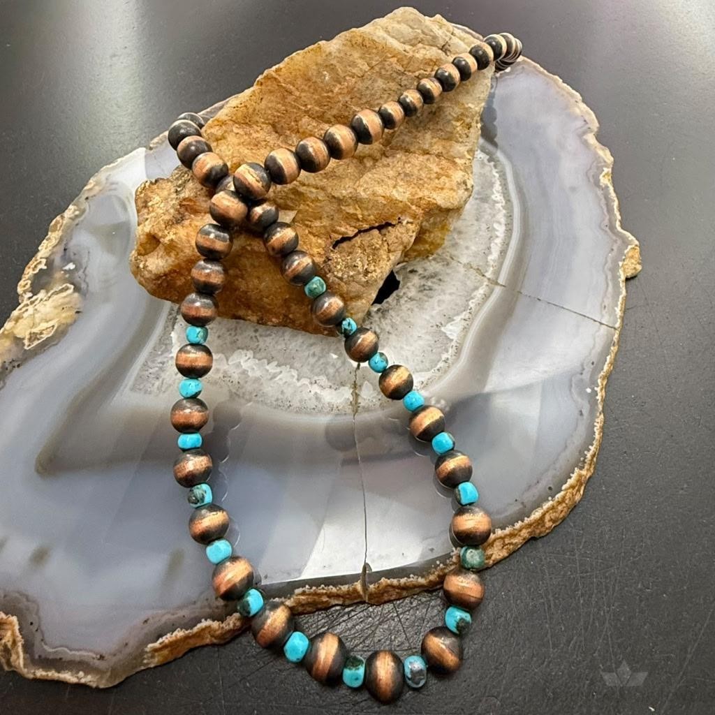Copper 4mm-7.5mm Navajo Pearl Beads & Turquoise Beaded 20" Necklace For Women