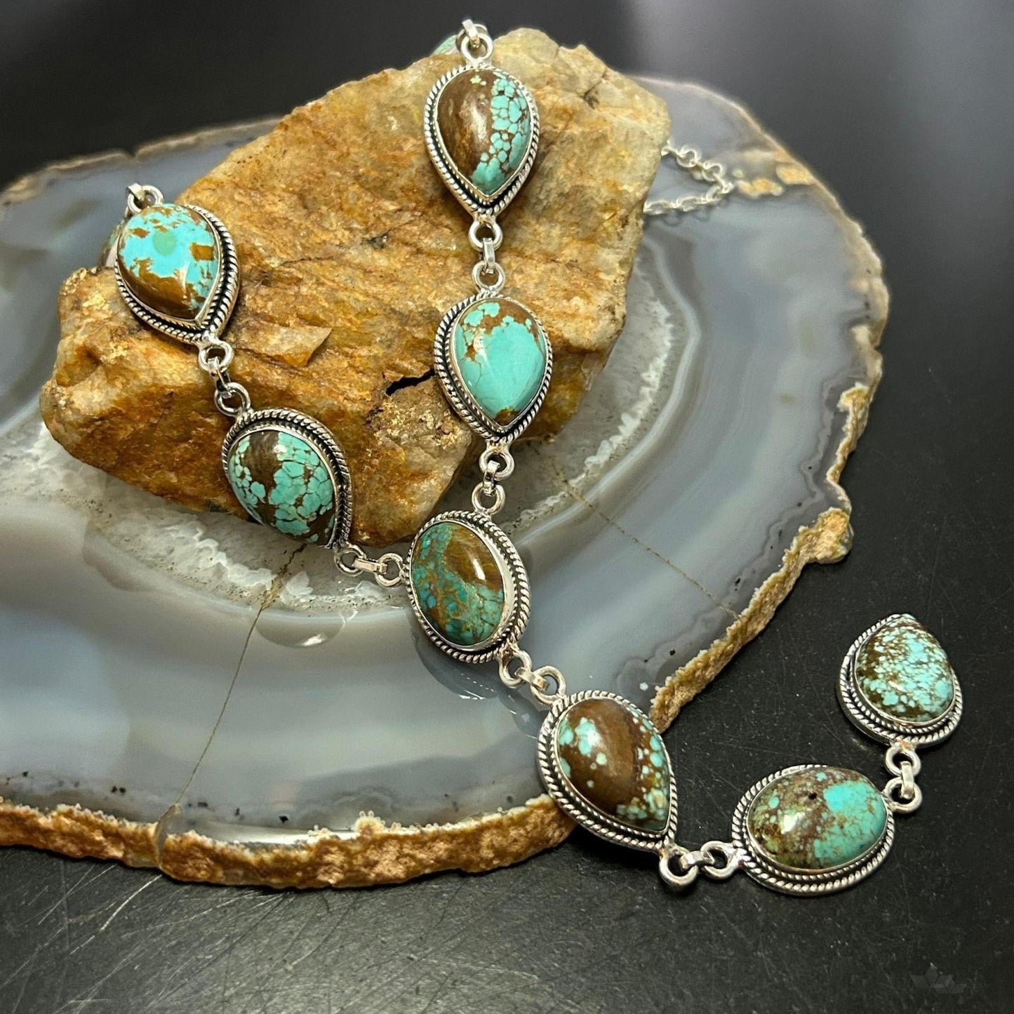 Sterling Silver Southwestern Style Turquoise #8 Cluster Lariat 28" Necklace For Women #1