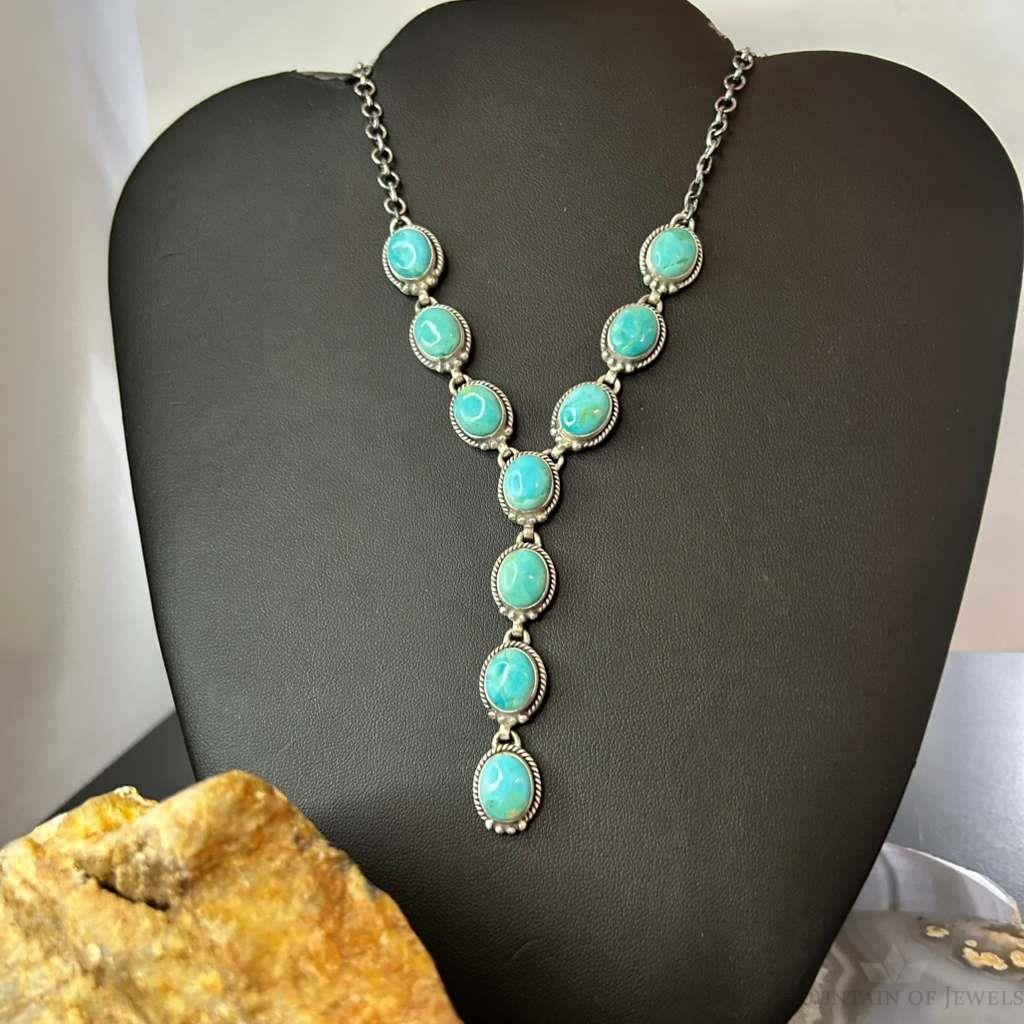 Sterling Silver Southwestern Style Oval Mohave Turquoise Lariat 18" Necklace For Women