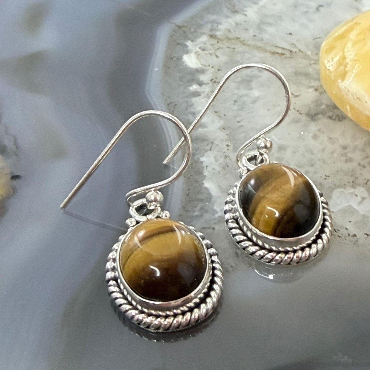 Sterling Silver Southwestern Style Oval Tiger's Eye Dangle Earrings For Women