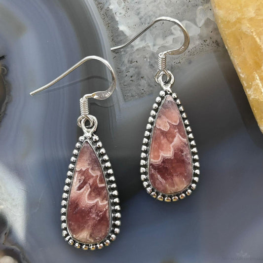 Sterling Silver Southwestern Style Teardrop Rhodochrosite Dangle Earrings For Women