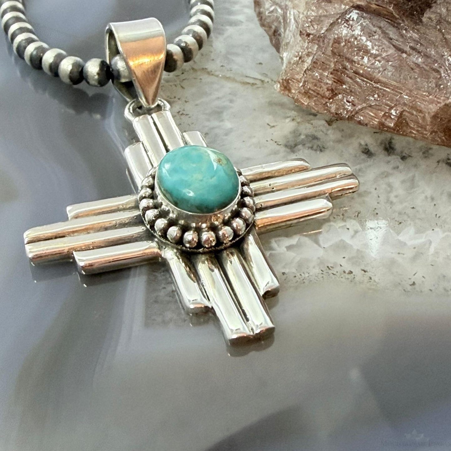 Sterling Silver Southwestern Style Oval Mohave Turquoise Unisex Zia Pendant #1