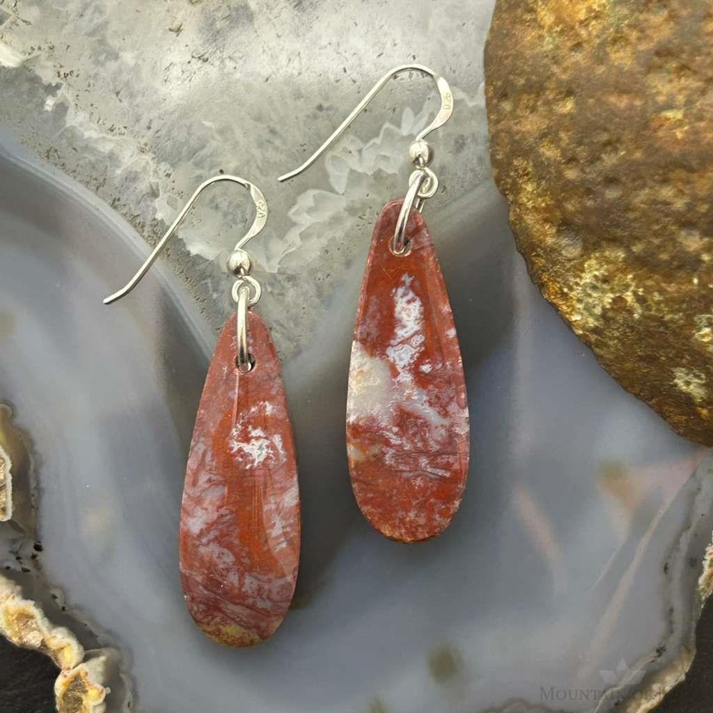 Sterling Silver Teardrop Plum Moss Agate Slab Dangle Earrings For Women #536