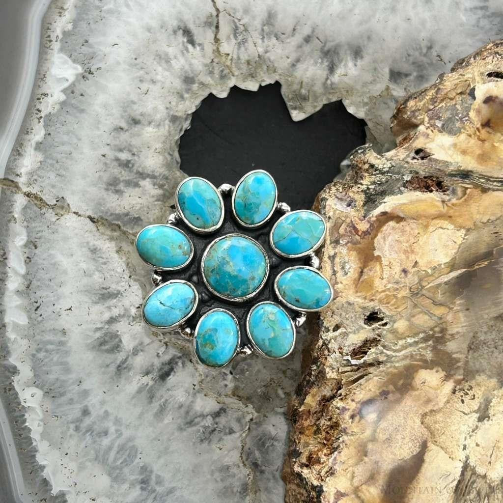 Sterling Silver Southwestern Style Mohave Turquoise Cluster Ring Size 7.75 For Women