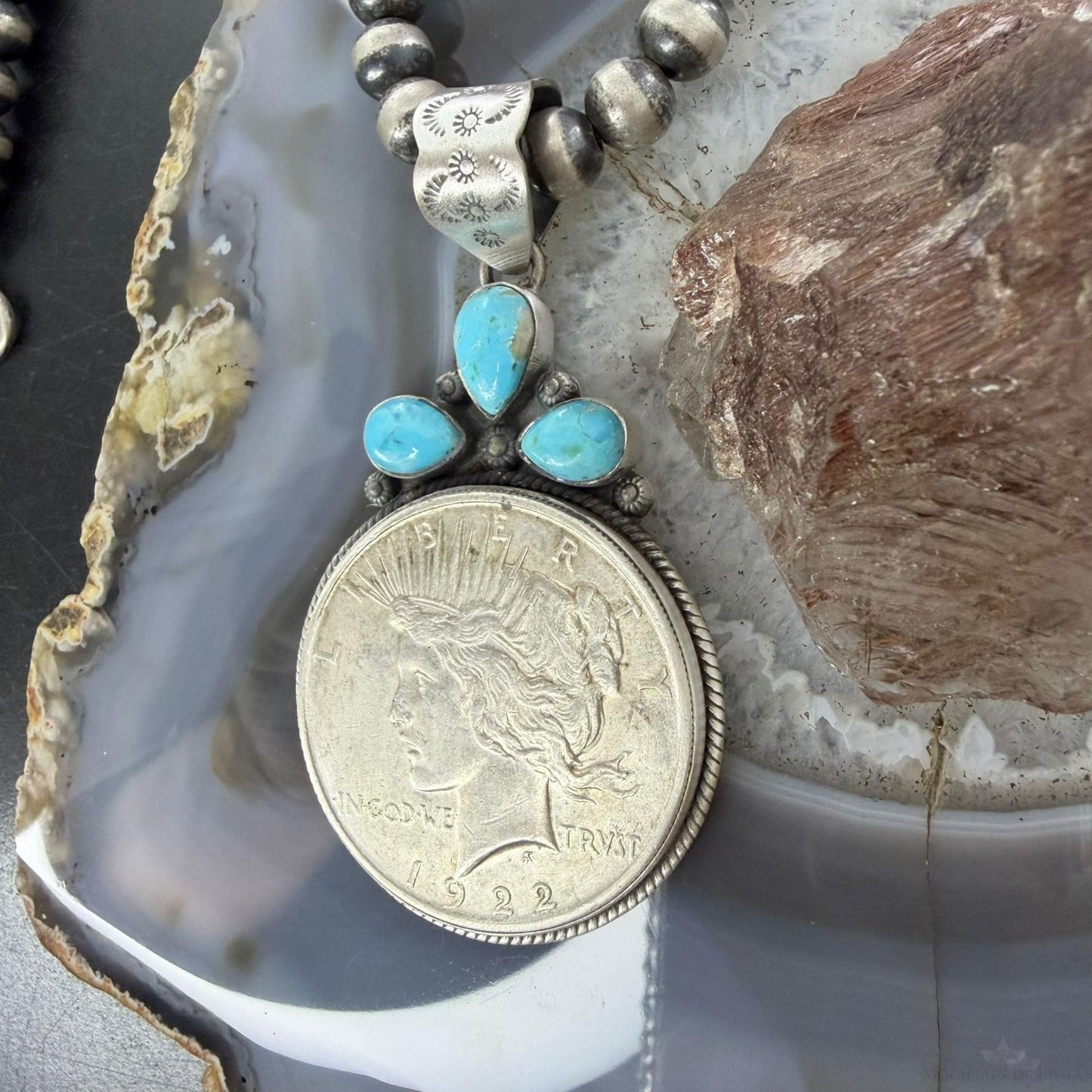 Genuine 1922 90% Peace Silver Dollar Coin Teardrop Turquoise Decorated Pendant