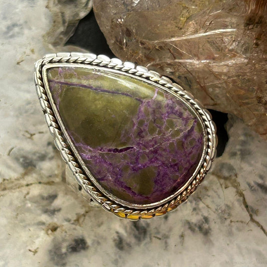 Sterling Silver Southwestern Style Teardrop Stichtite Decorated Ring Size 10.25 For Women