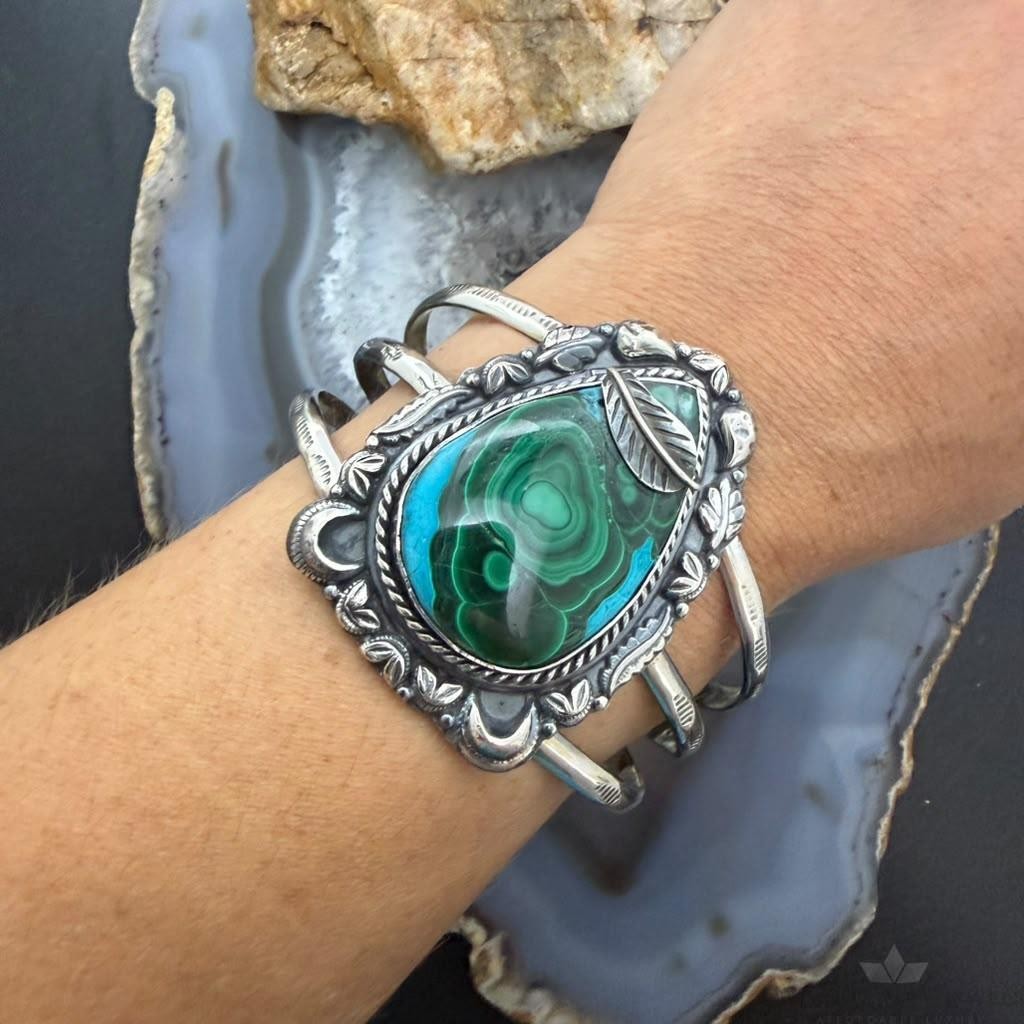 Sterling Silver Southwestern Style Azurite Malachite Decorated Bracelet For Women