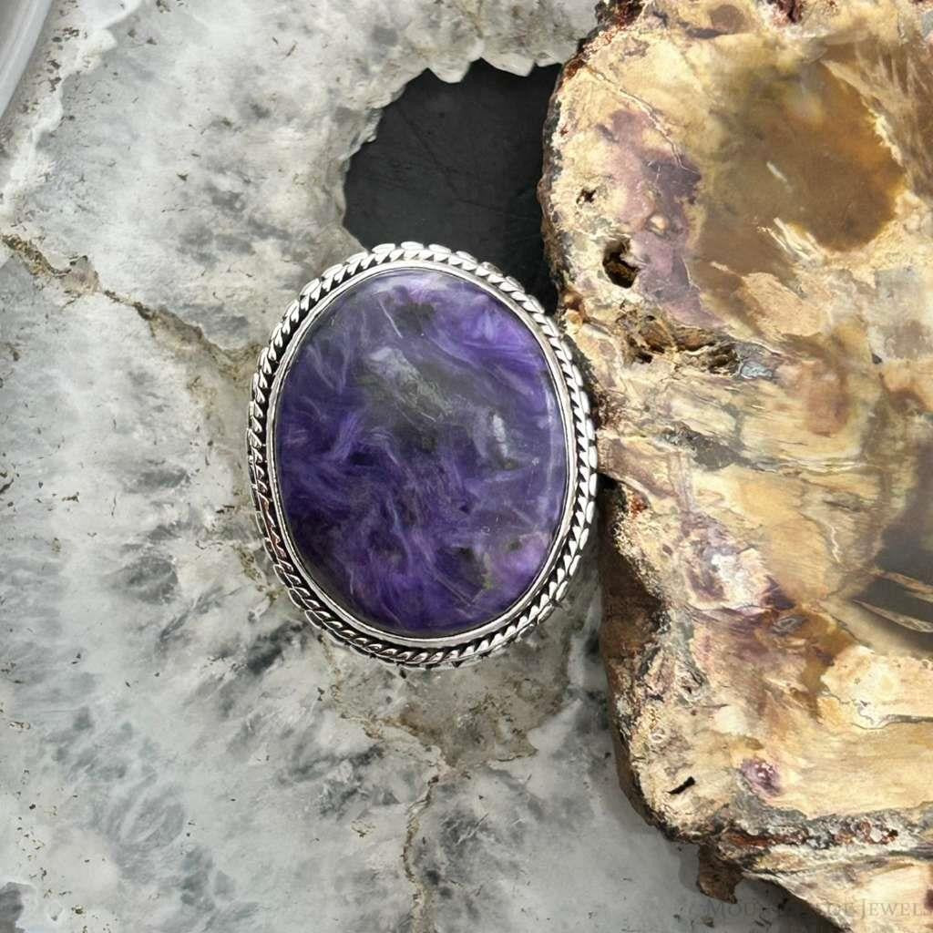 Sterling Silver Southwestern Style Oval Charoite Decorated Ring Size 7 For Women