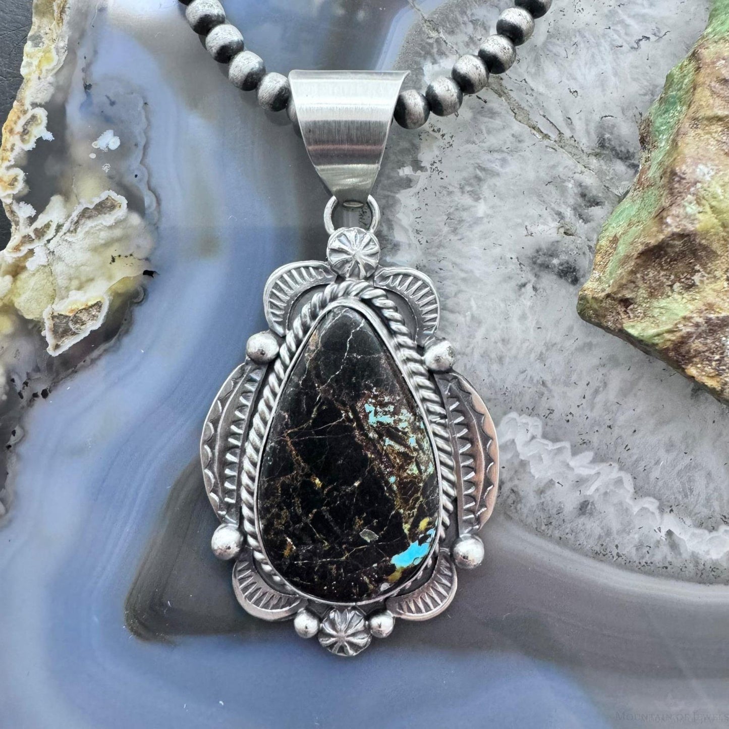 Juanita Long Native American Sterling Silver Teardrop Black Jack Decorated Unisex Pendant