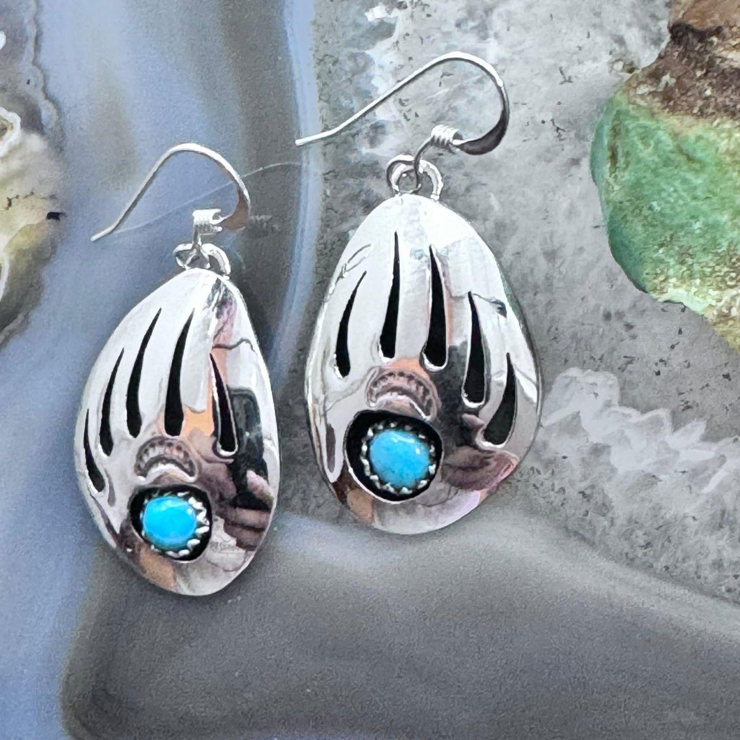 Native American Sterling Silver Bear Claw w/Turquoise Dangle Earrings For Women