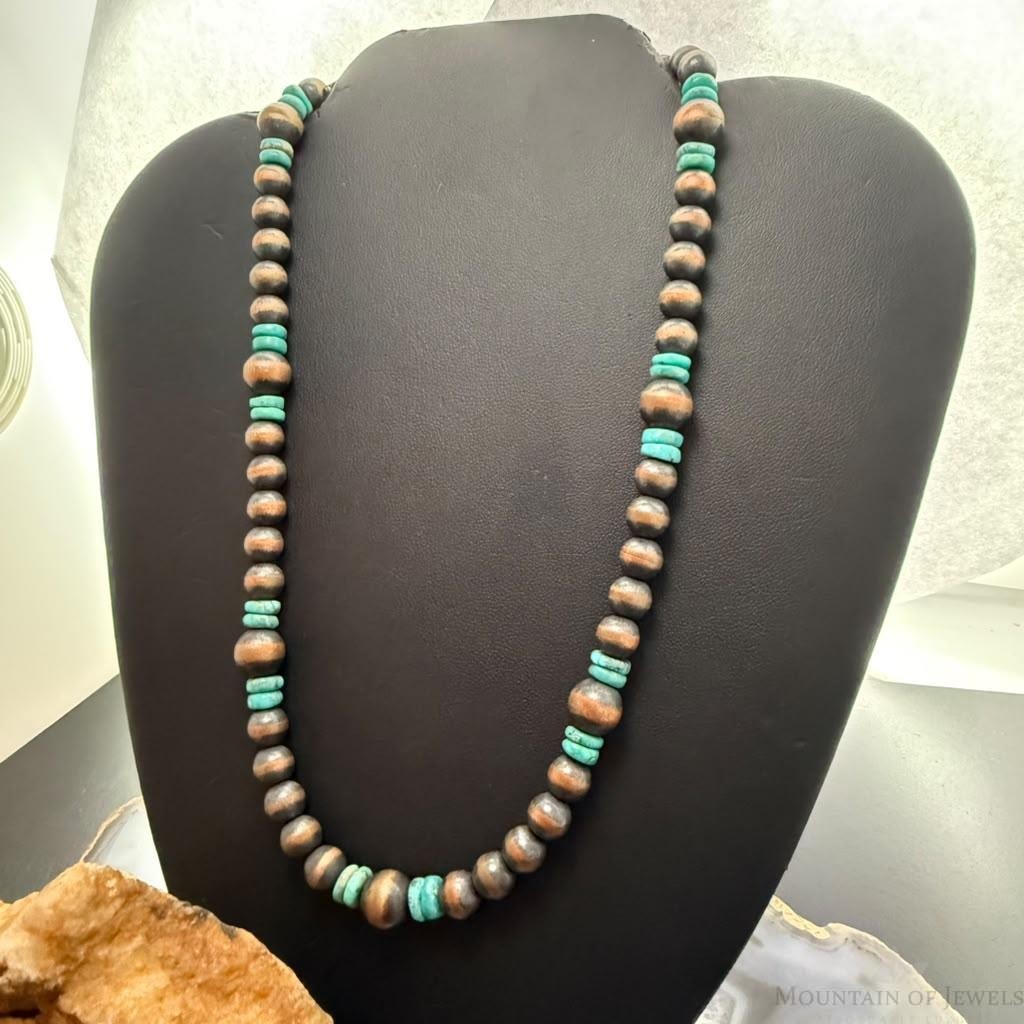 Southwestern Style Copper 8-10mm Navajo Pearl Beades &Turquoise Disk Necklace For Women
