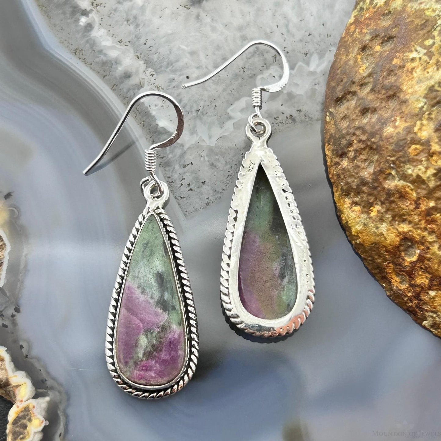 Sterling Silver Southwestern Style Teardrop Ruby Zoisite Dangle Earrings For Women