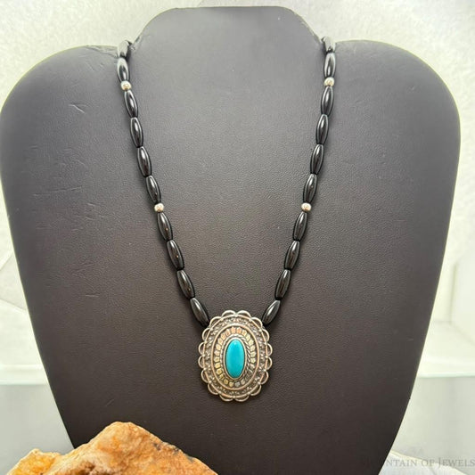 Carolyn Pollack Sterling Silver Turquoise Concho Pendant on Onyx Beads Necklace For Women