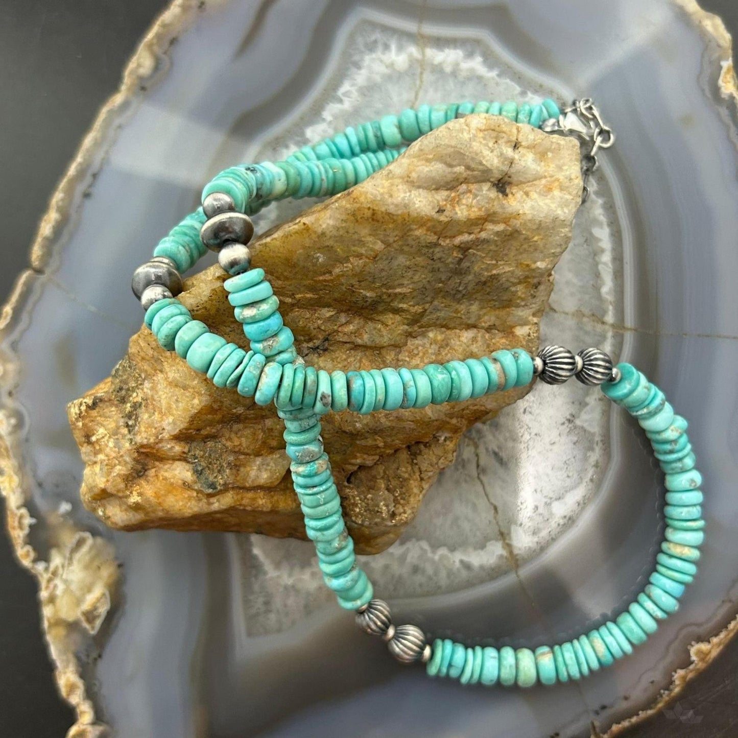 Sterling Silver Southwestern Style Turquoise Beads & Sterling Beads 18"-20" Necklace For Women