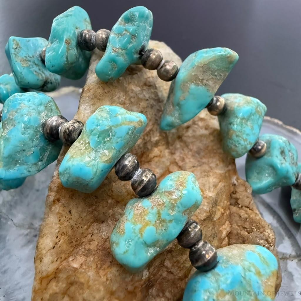 Vintage Sterling Silver Native American Natural Turquoise w/Silver Beads 27" Necklace For Women