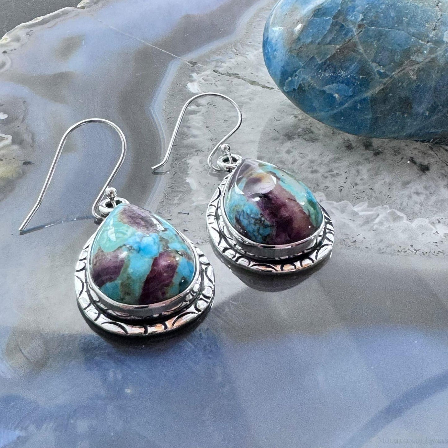 Native American Sterling Silver Turquoise & Spiny Oyster Composite Dangle Earrings For Women #1