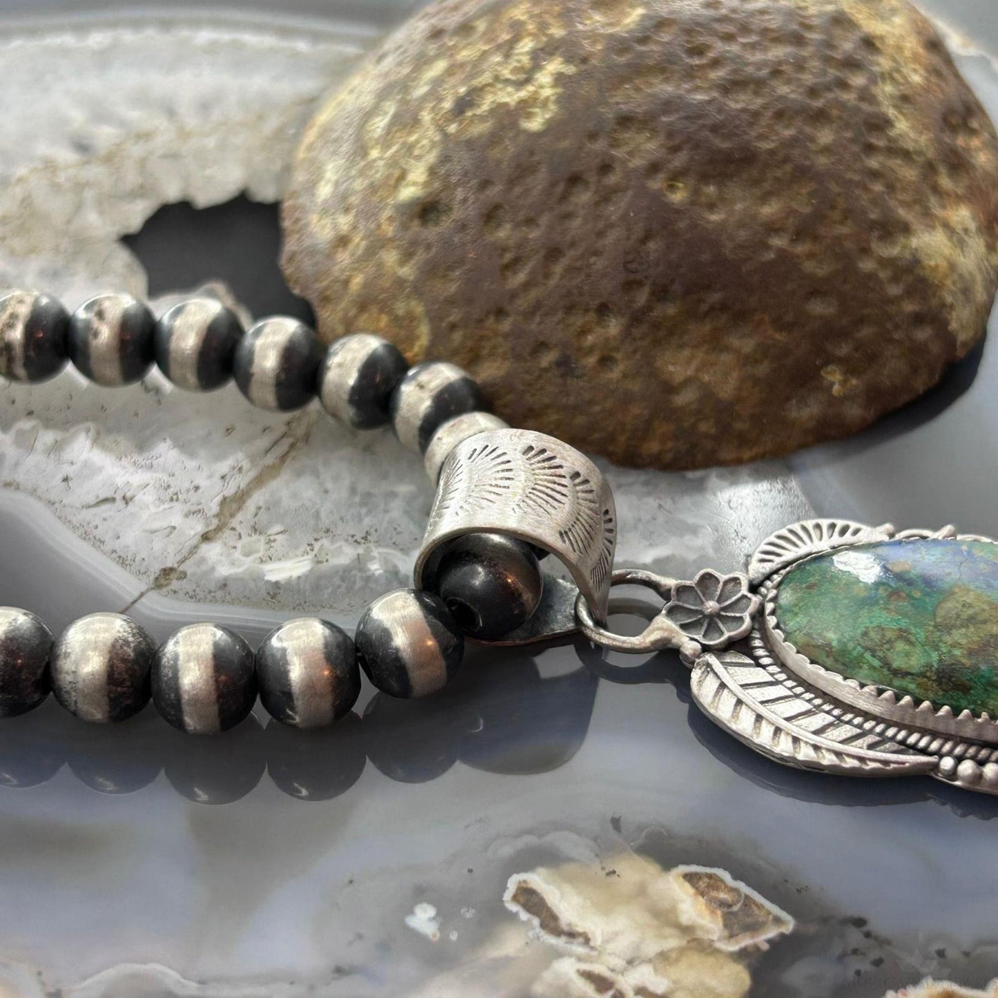 Sterling Silver Southwestern Style Elongated Chrysocolla Decorated Pendant For Women