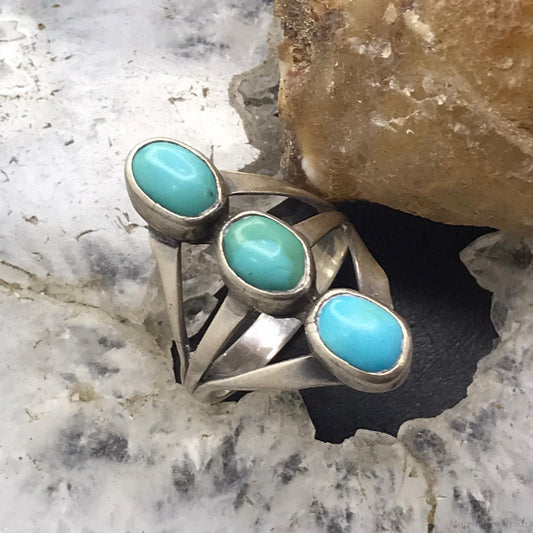 Vintage Native American Silver 3 Oval Turquoise Split Shank Ring Size 6 For Women