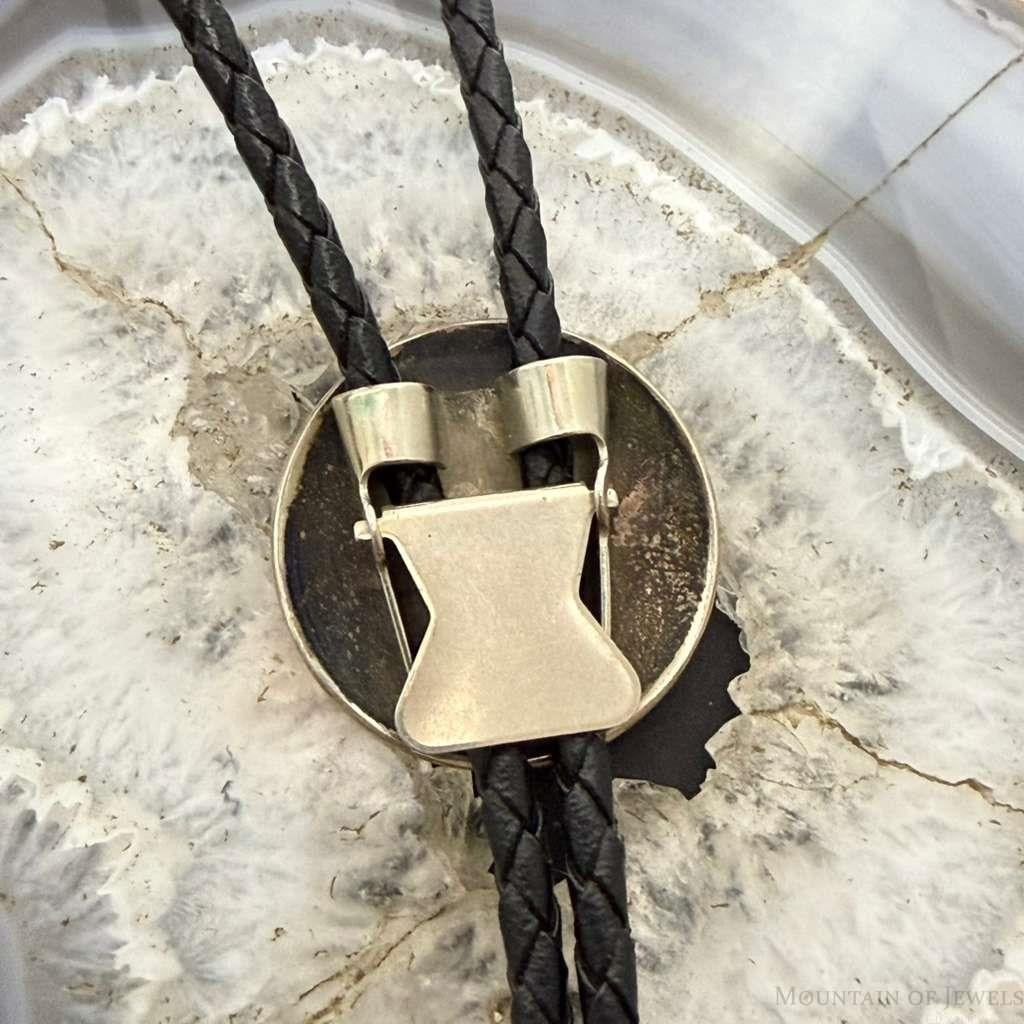 Native American Silver Round Engraved Lizard Decorated Bolo Tie For Men