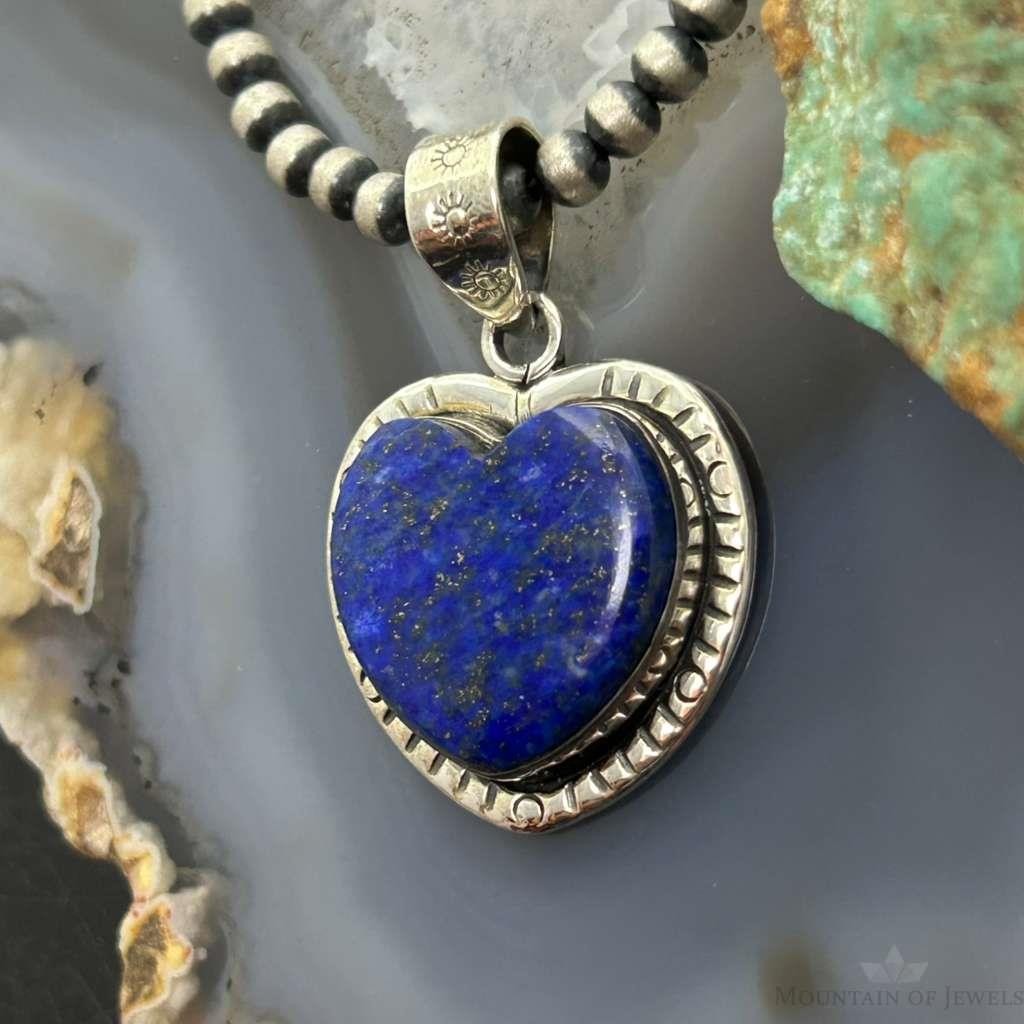 Sterling Silver Southwestern Style Lapis Heart Decorated Pendant For Women #3
