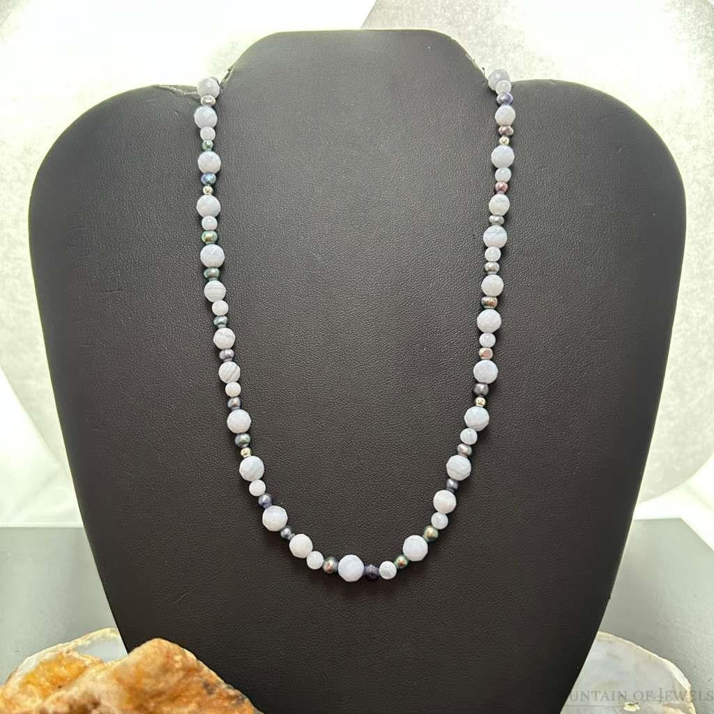 Carolyn Pollack Sterling Silver  Blue Lace Agate &Eggplant Pearl Bead Necklace For Women