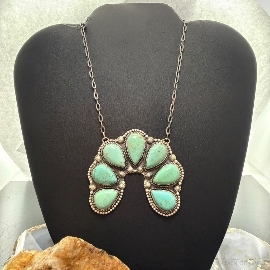 Sterling Silver Southwestern Style 7 Teardrop Royston Turquoise Naja Necklace For Women