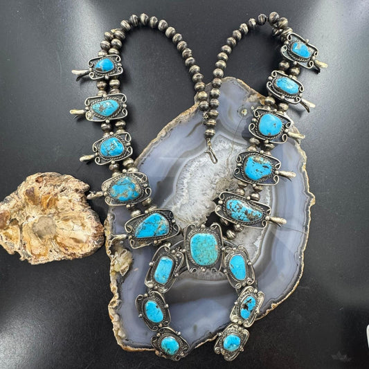 Vintage Native American Silver Matrix Turquoise 24" Squash Blossom Necklace For Women
