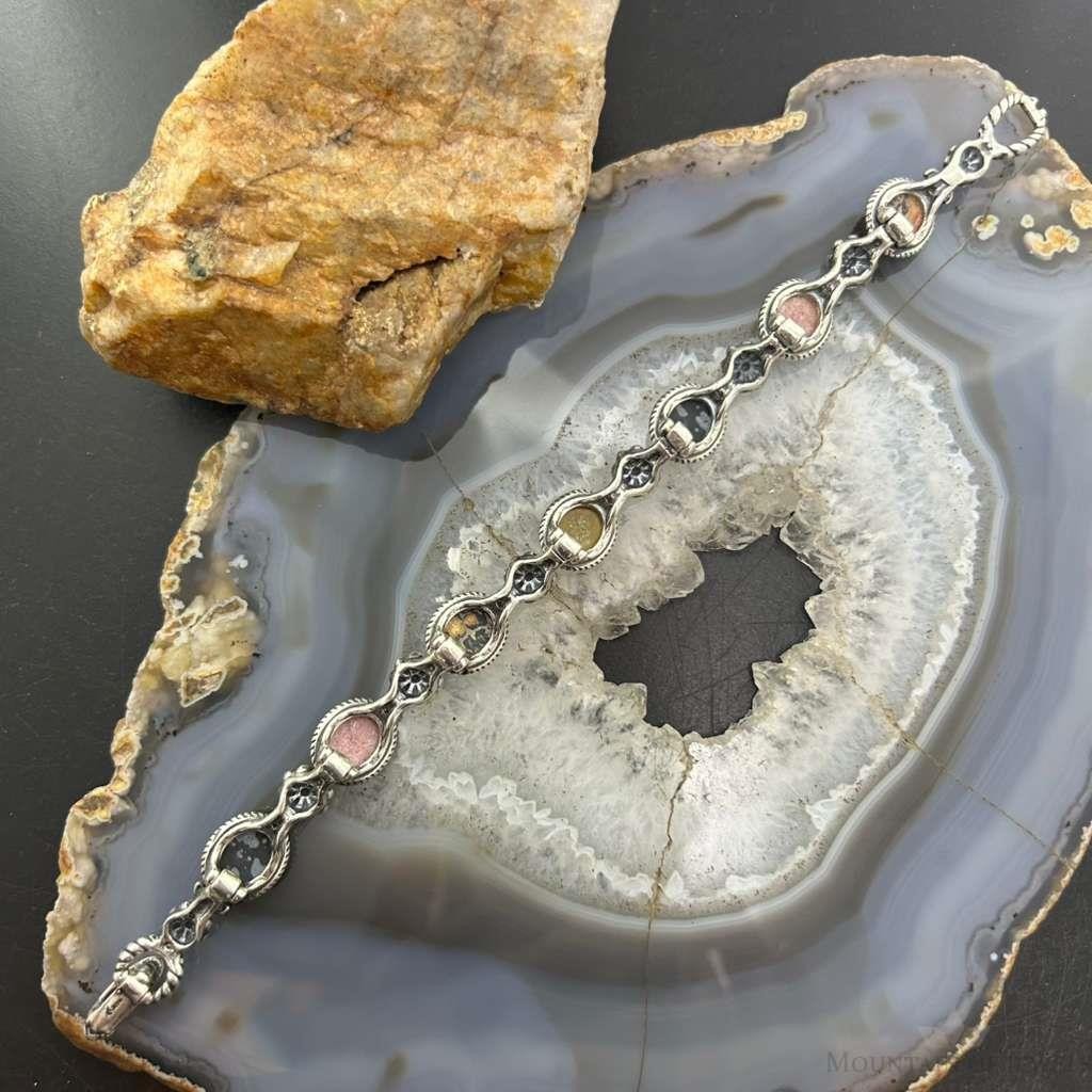 Carolyn Pollack Sterling Silver 7 Oval Multi-Stone Decorated 8" Link Bracelet For Women