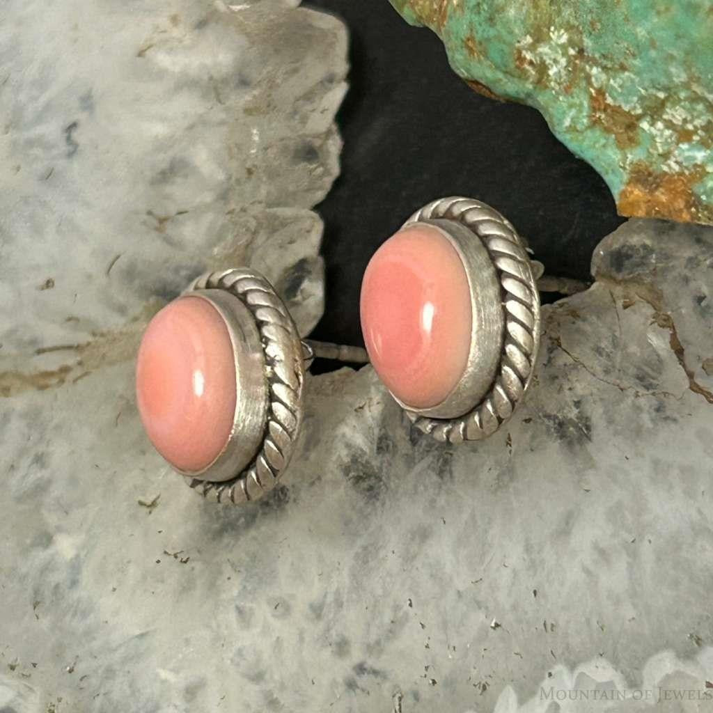Sterling Silver Southwestern Style Oval Pink Conch Stud Earrings For Women
