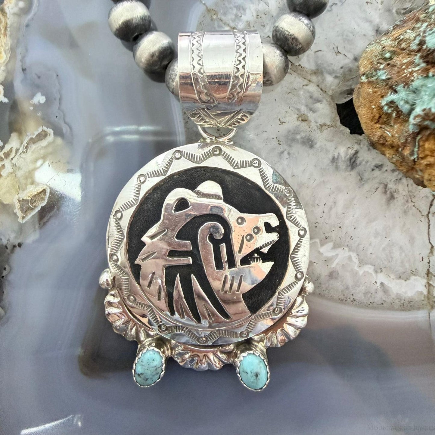 Alonzo Mariano Native American Sterling Silver Overlay Fetish Bear w/Turquoise Unisex Pendant