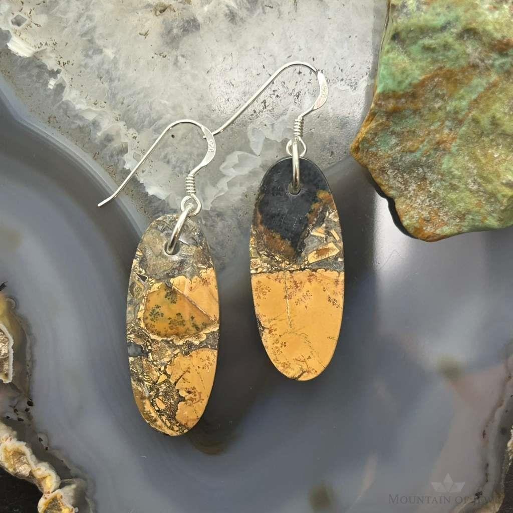 Sterling Silver Oval Maligano Jasper Slab Dangle Earrings For Women #530