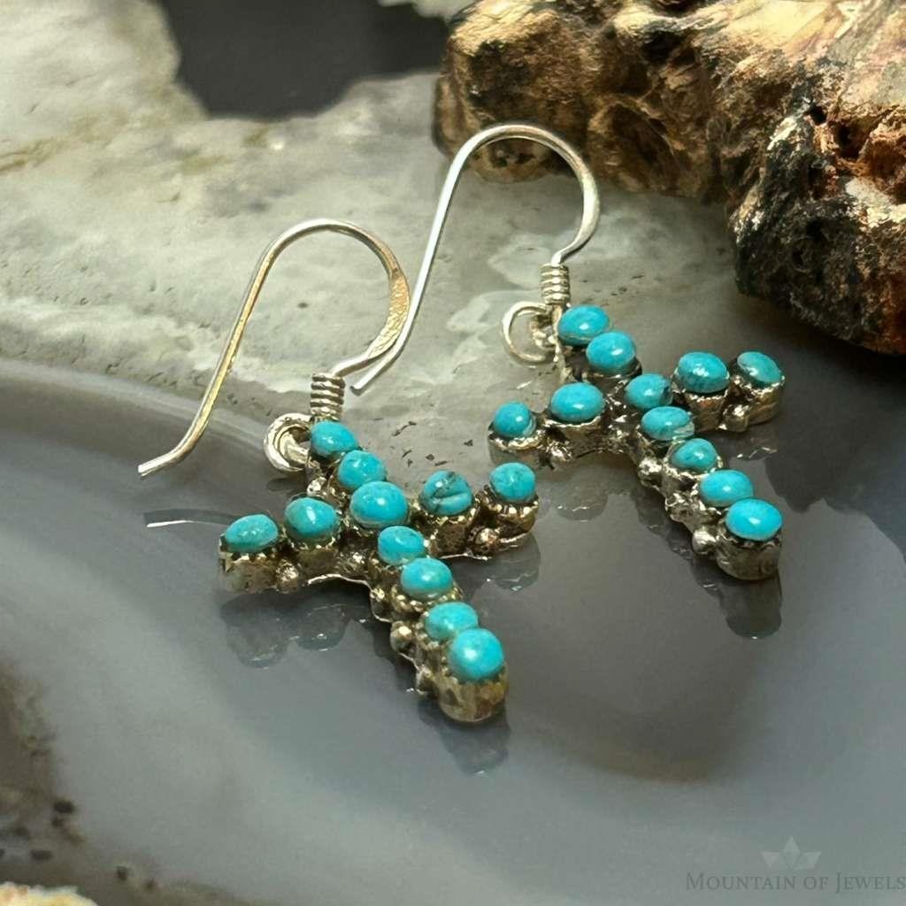 Sterling Silver Southwestern Style Turquoise Cross Dangle Earrings For Women