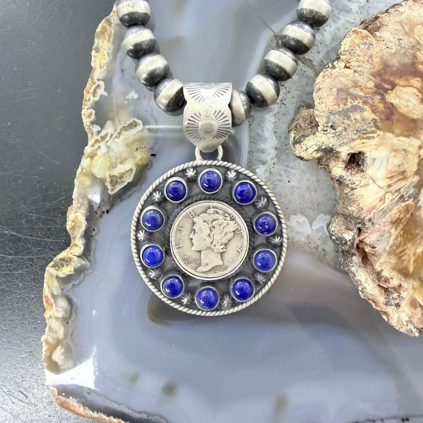 Genuine 90% Silver Mercury Dime Coin w/Lapis Decorated Unisex Pendant
