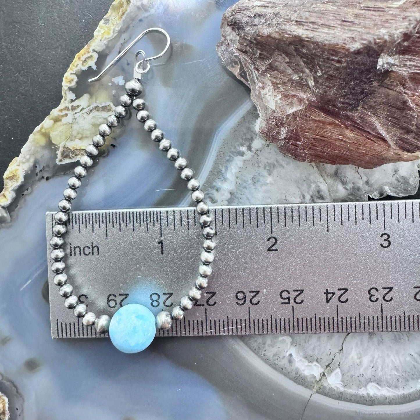 Native American Sterling Silver Navajo Beads with Larimar  Bead Hoop Earrings For Women