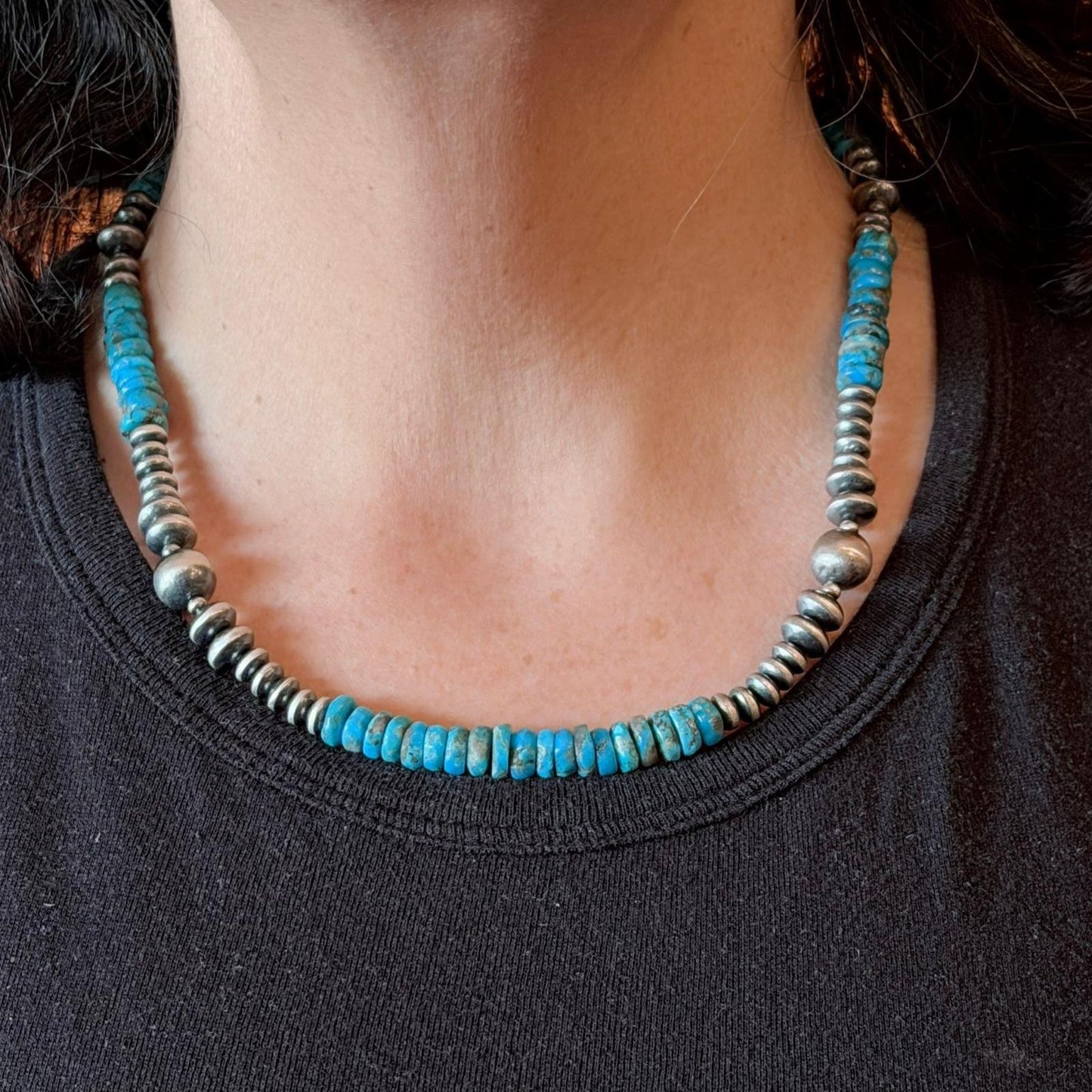 Sterling Silver Southwestern Style Blue Turquoise Beads & Starling Beads 18" Necklace For Women