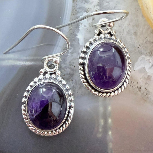 Sterling Silver Southwestern Style Oval Amethyst Dangle Earrings For Women