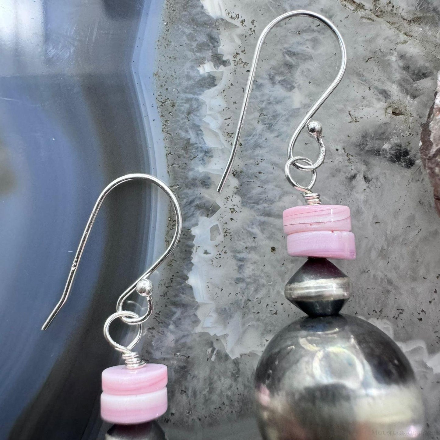 Native American Sterling Silver Navajo Pearl Bead Pink Conch Dangle Earrings For Women