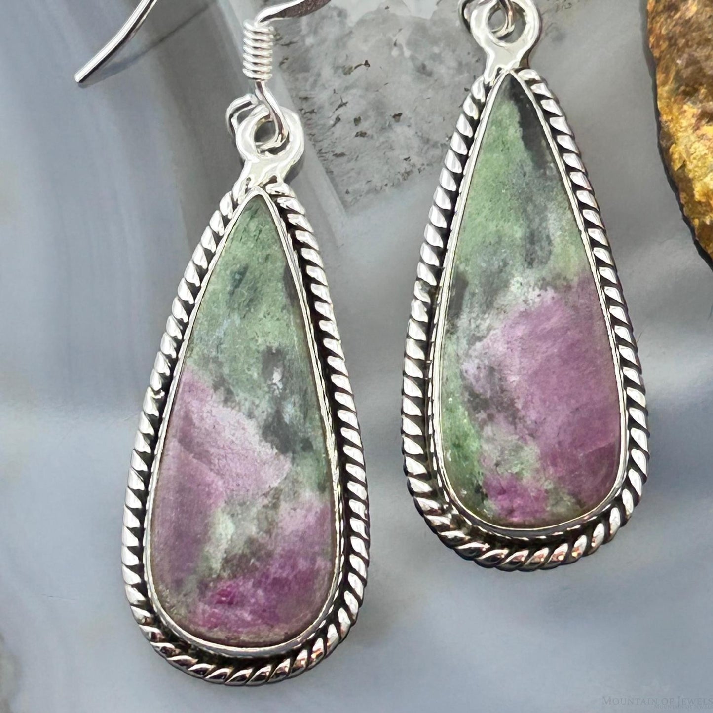 Sterling Silver Southwestern Style Teardrop Ruby Zoisite Dangle Earrings For Women
