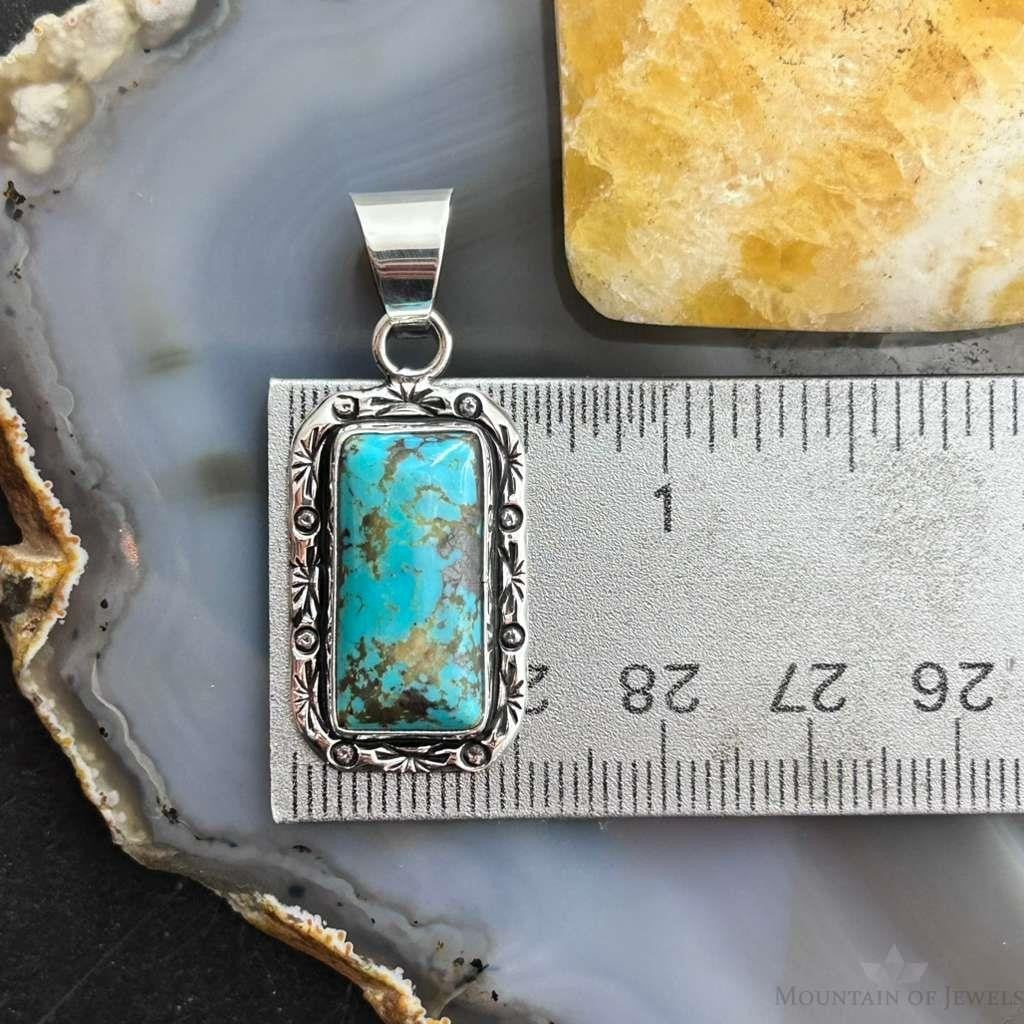 Native American Sterling Silver Rectangle Turquoise Decorated Pendant For Women