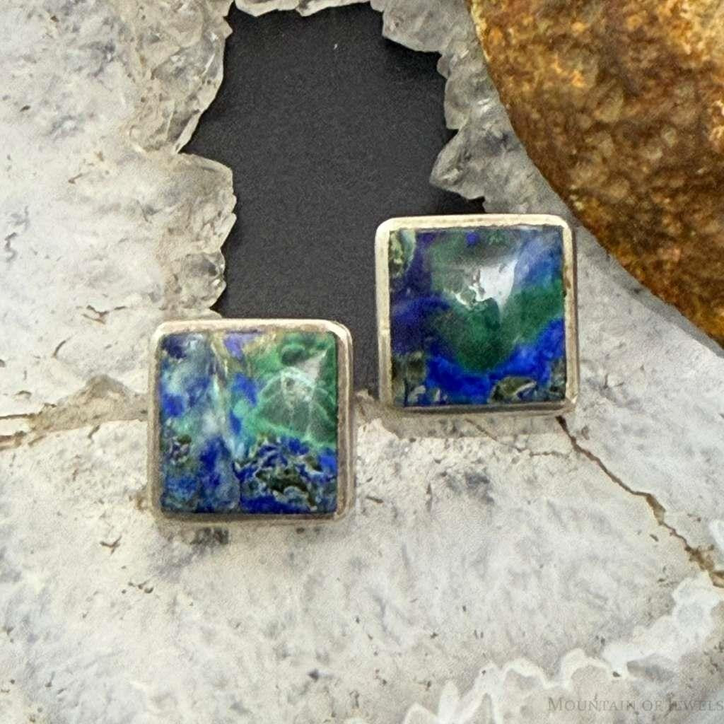 Vintage Sterling Silver Square Azurite Malachite Stud Earrings For Women