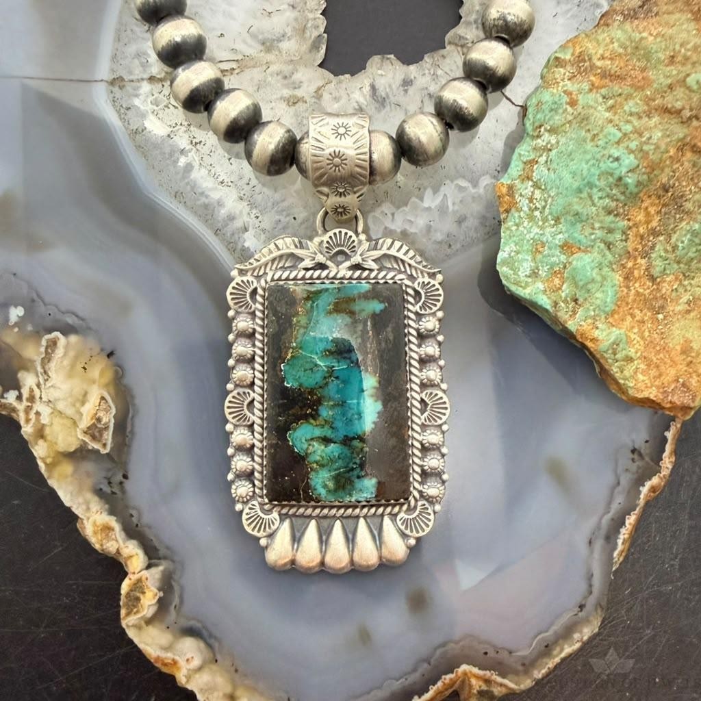 Sterling Silver Southwestern Style Rectangle Blackjack Turquoise Decorated Pendant