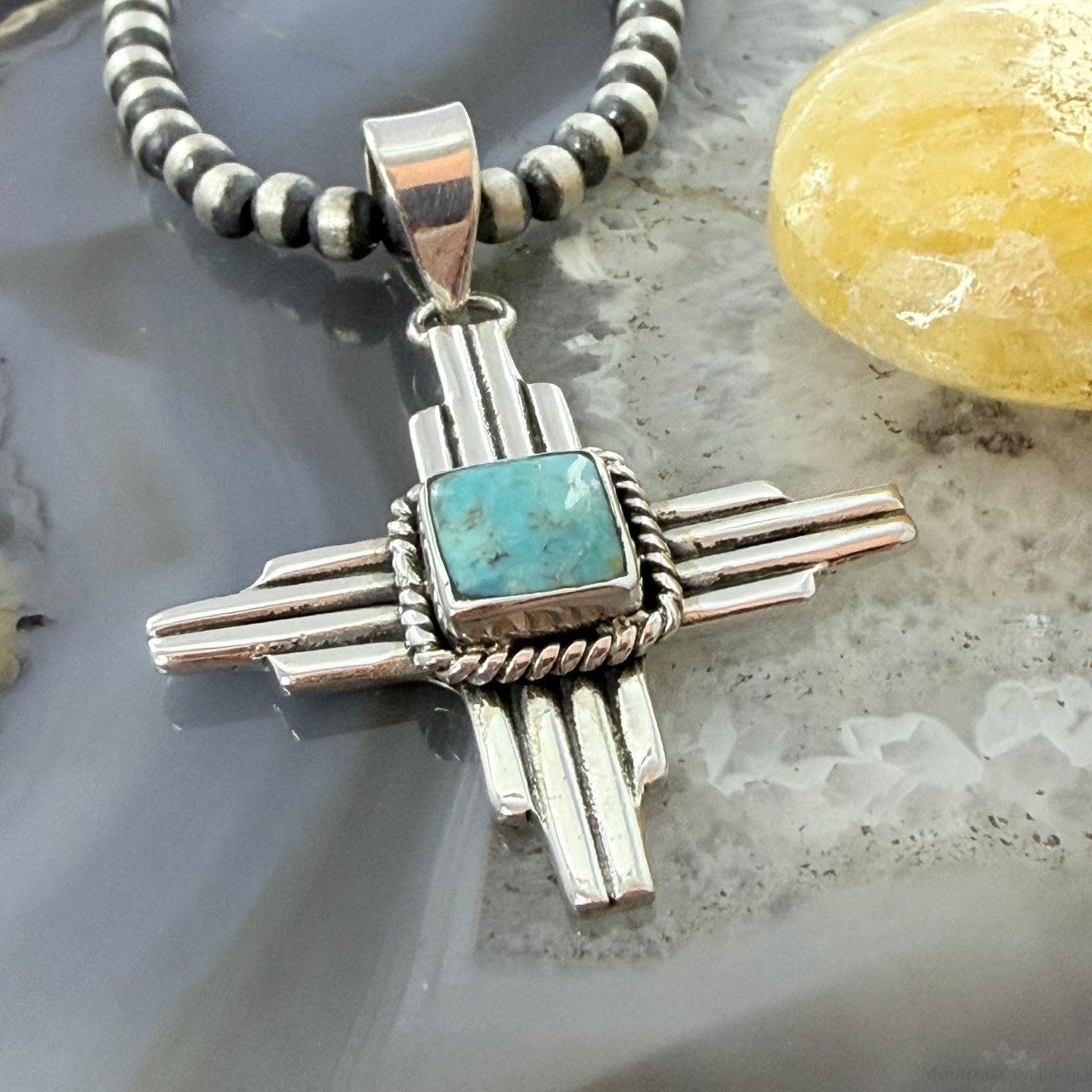 Sterling Silver Southwestern Style Square Mohave Turquoise Unisex Zia Pendant