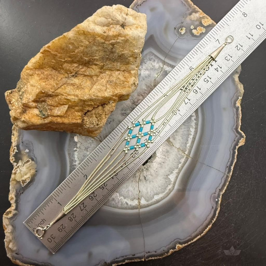 Sterling Silver Liquid Silver & Turquoise Woven Beaded 7" Bracelet For Women