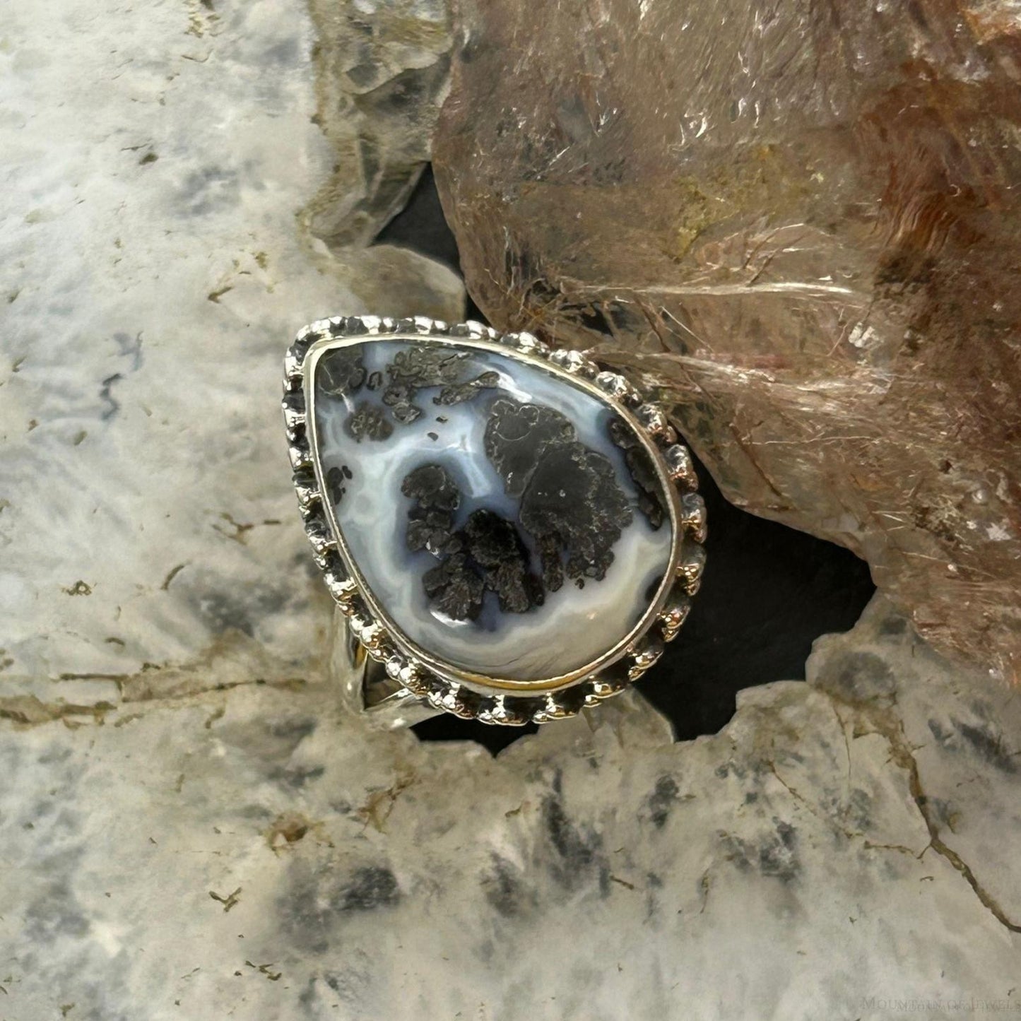 Sterling Silver Southwestern Style Teardrop Parral Dendritic Agate Ring Size 8 For Women